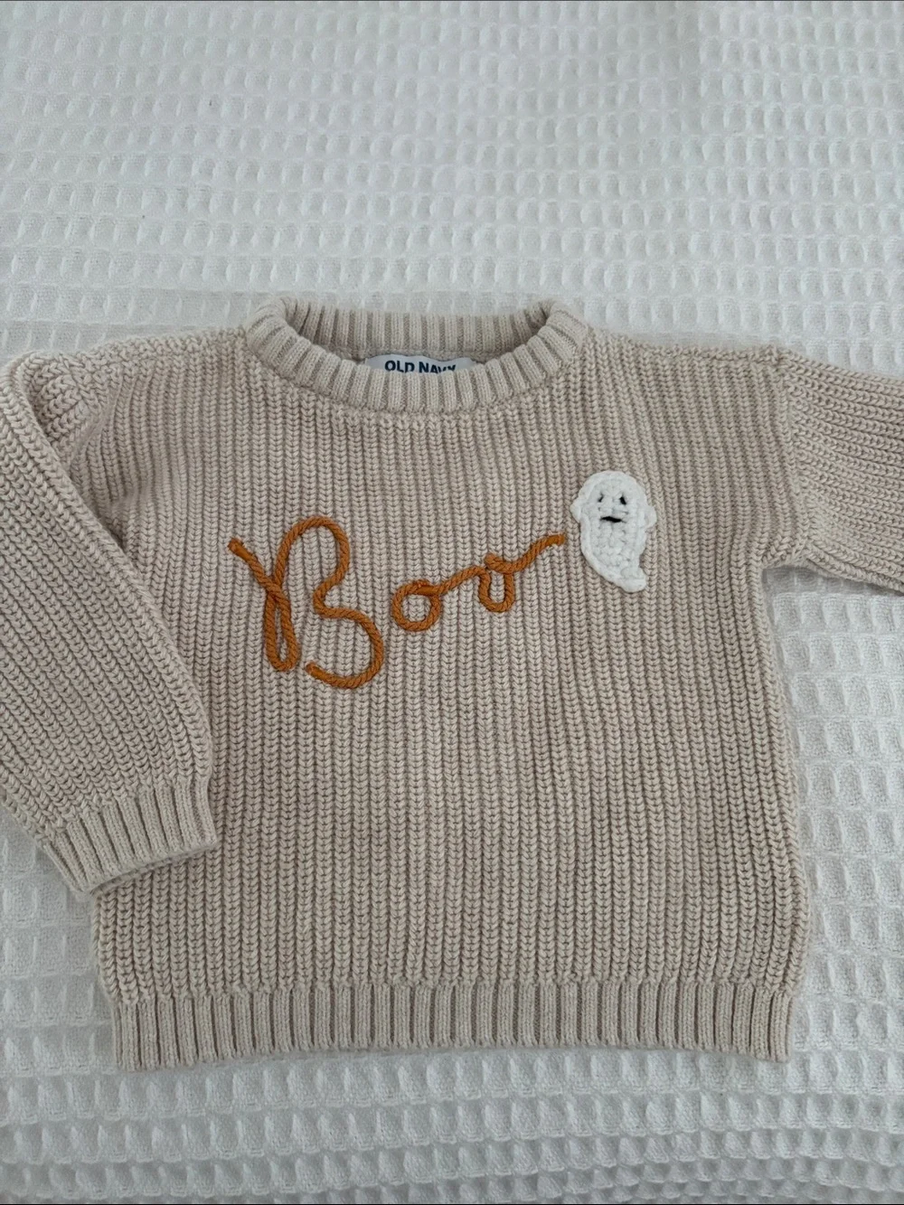Old Navy Beige Knit Sweater with Orange 'Boo' and White Ghost